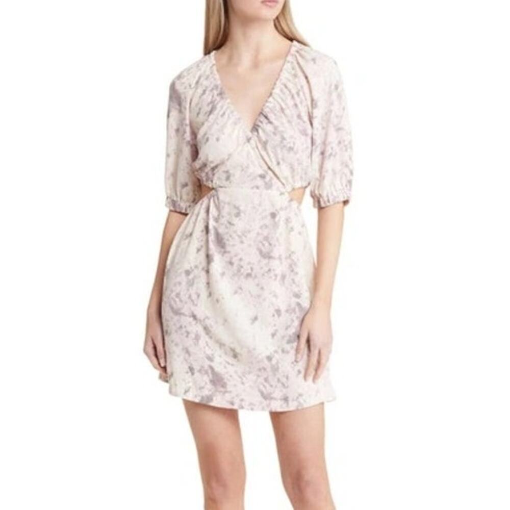 Open Edit Dress Cutout Puff Sleeve V-Neck Mini Ivory Grey Campy Dye Size Large